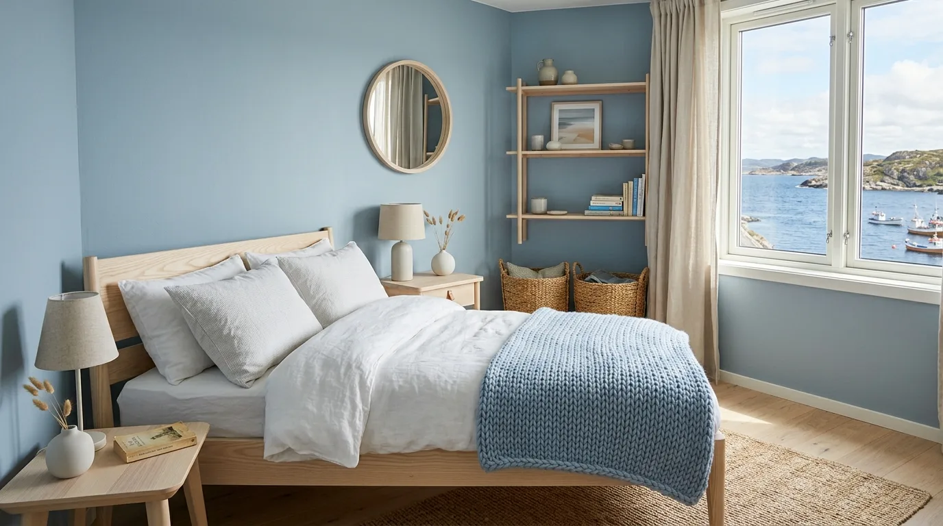 Weathered muted blue bedroom with woven texture and soft natural light.