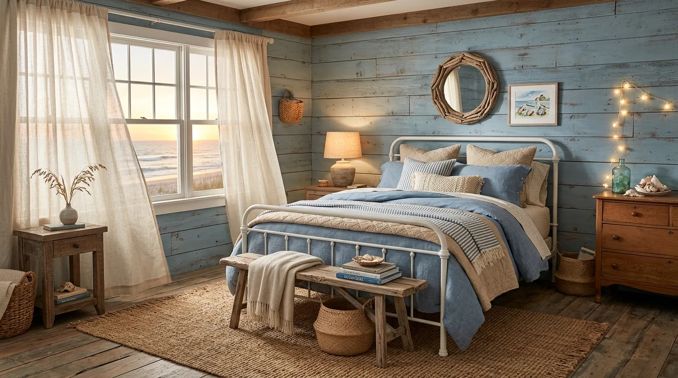 Blue-grey coastal bedroom walls with soft bedding and calm restrained decor.