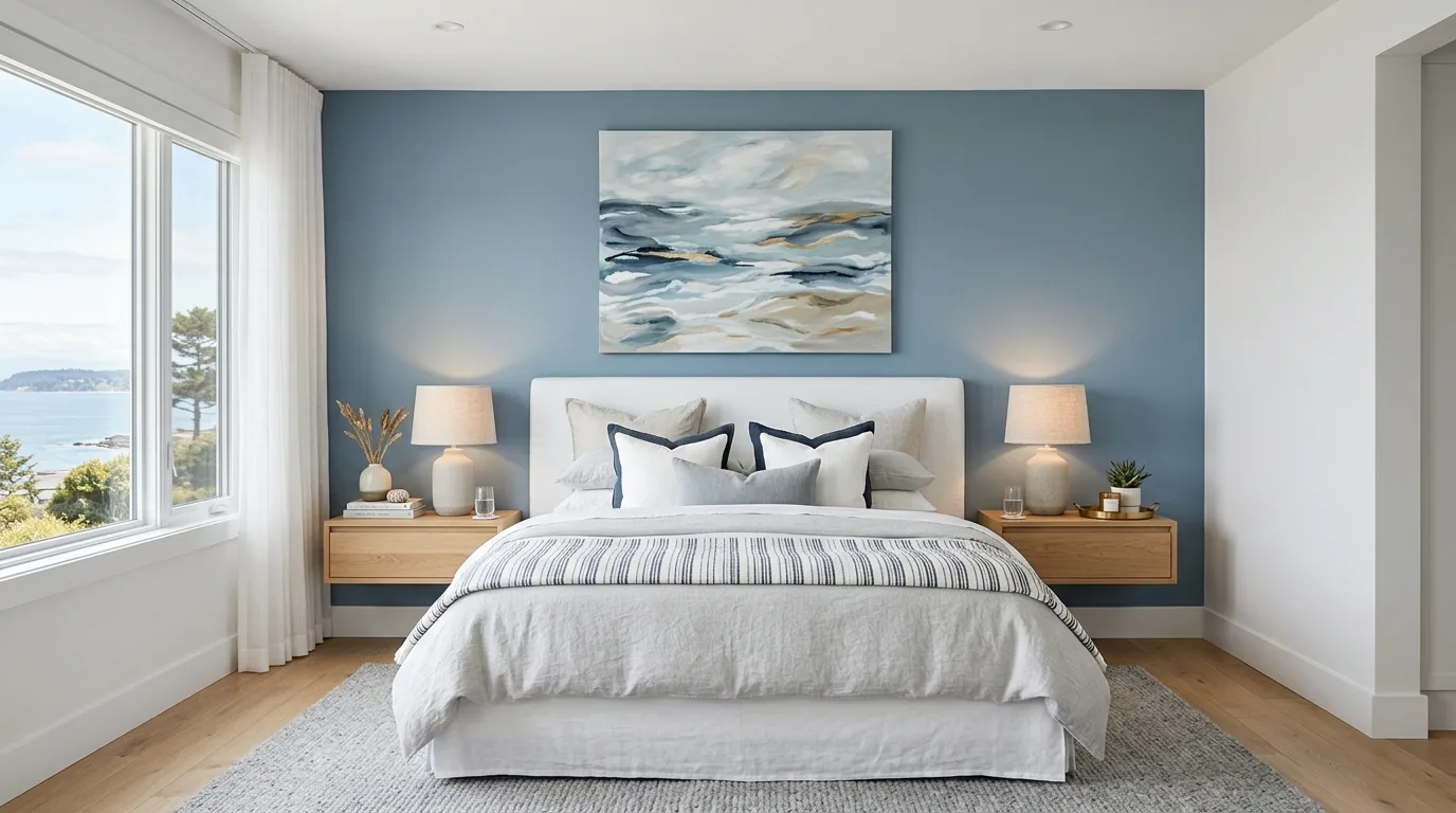 Muted blue quilt in a bright white room with subtle coastal accents.