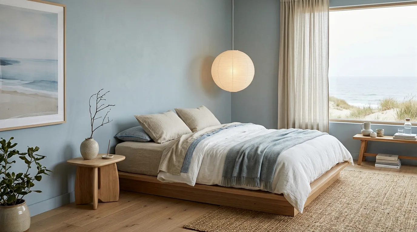 Minimal muted blue coastal bedroom with clean lines and calm bedding.