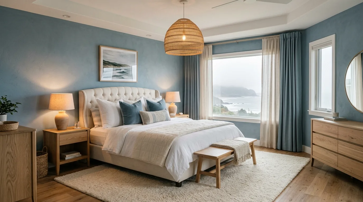 Muted blue wallpaper with driftwood tones in a serene coastal bedroom.