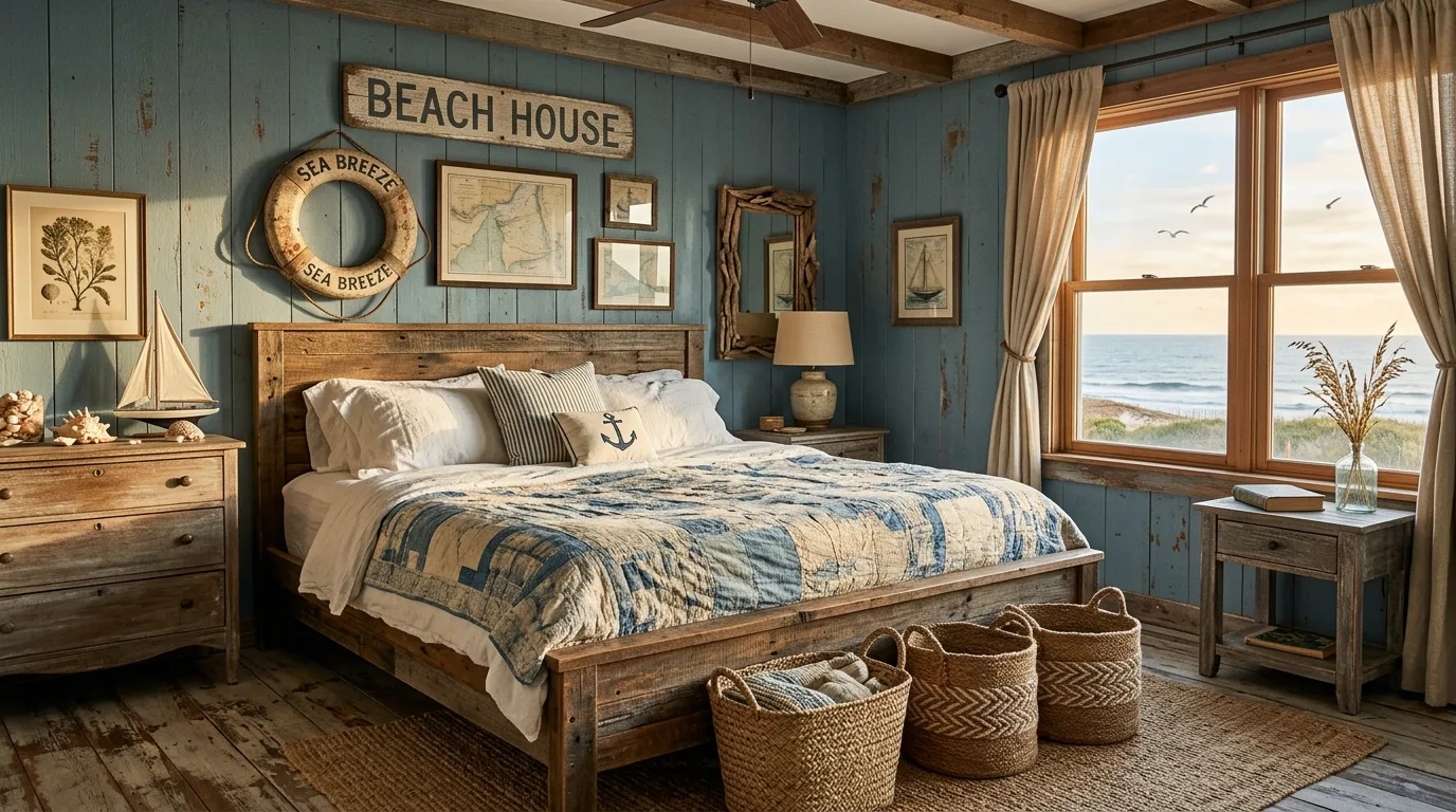 Bedroom with sea-glass muted blue bedding and soft coastal textures.