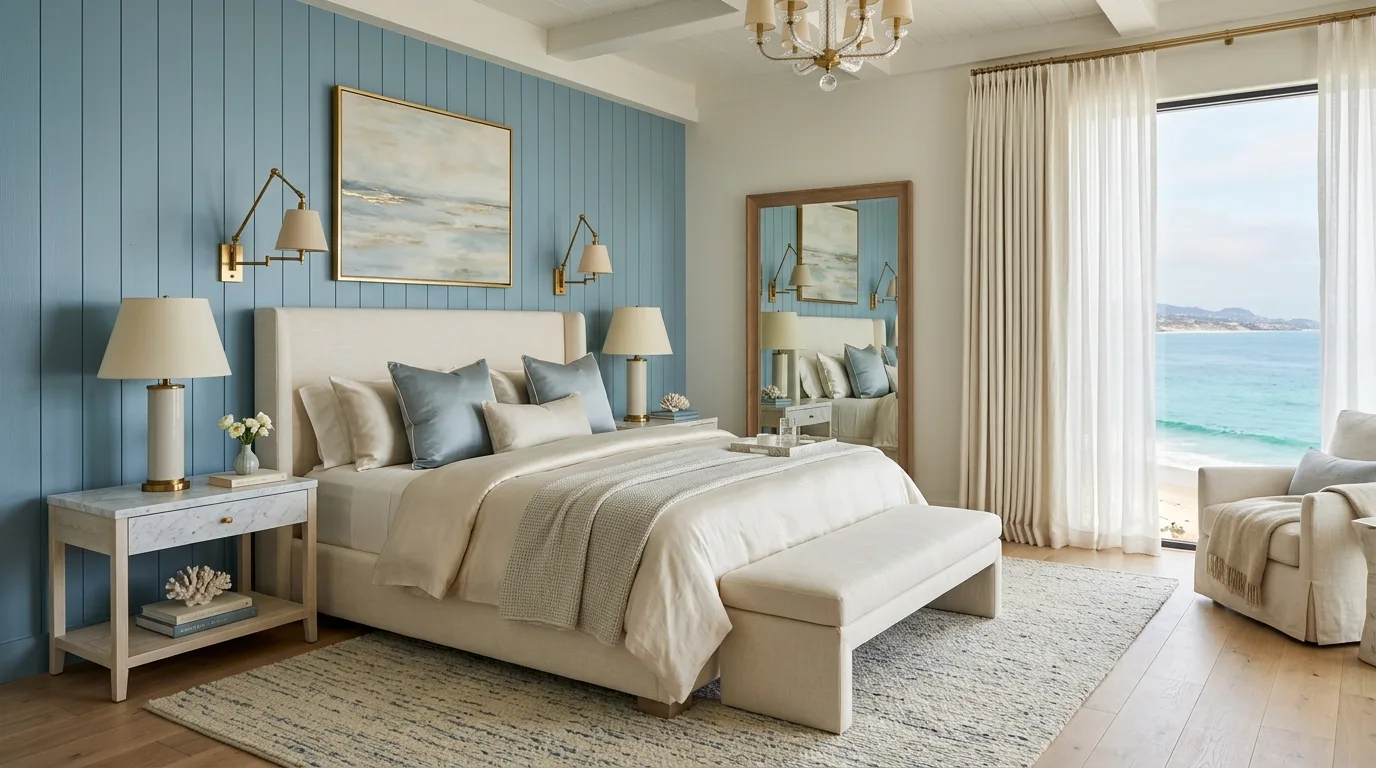 Muted blue bedroom with a grown-up subtle coastal feel and natural layered styling.