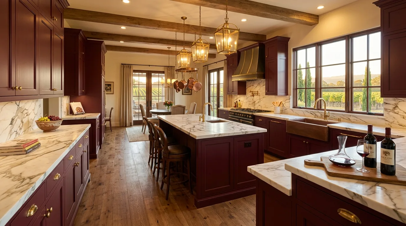 Opulent Burgundy Kitchen Cabinets Ideas for a Wine Country Feel in a thoughtfully styled kitchen.