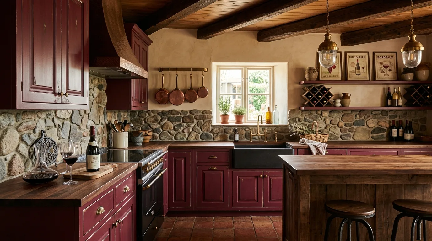 pair the main finish with supportive materials in a kitchen inspired by opulent burgundy wine country.