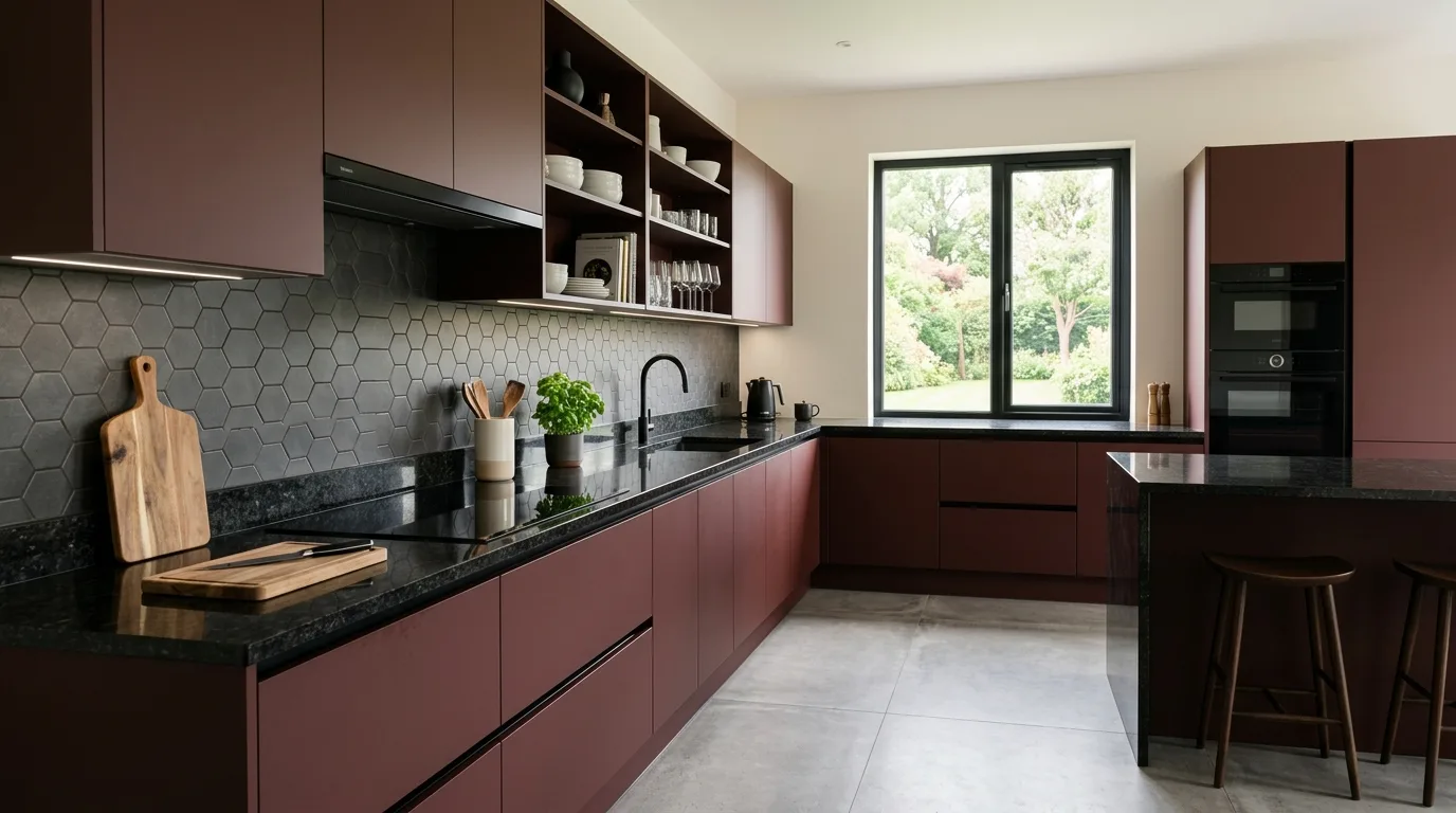 use lighting to shape the overall mood in a kitchen inspired by opulent burgundy wine country.