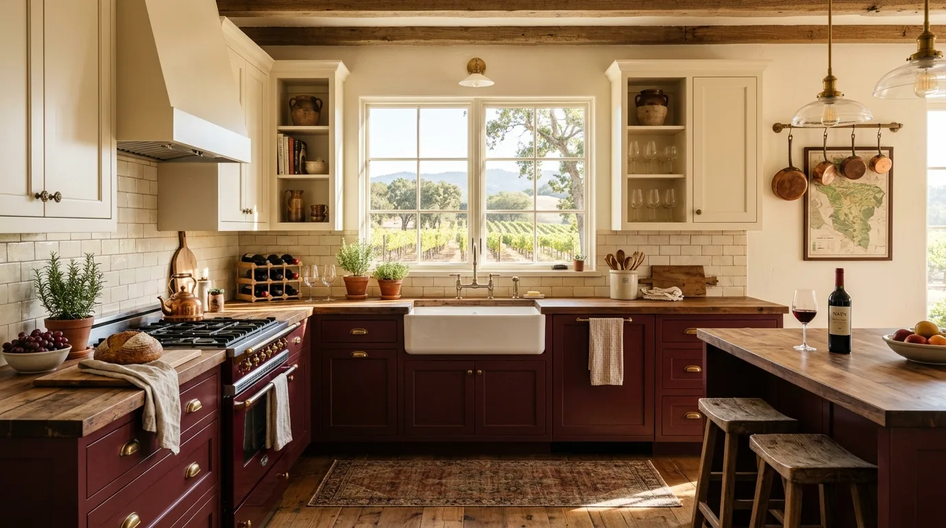 keep hardware and details intentional in a kitchen inspired by opulent burgundy wine country.