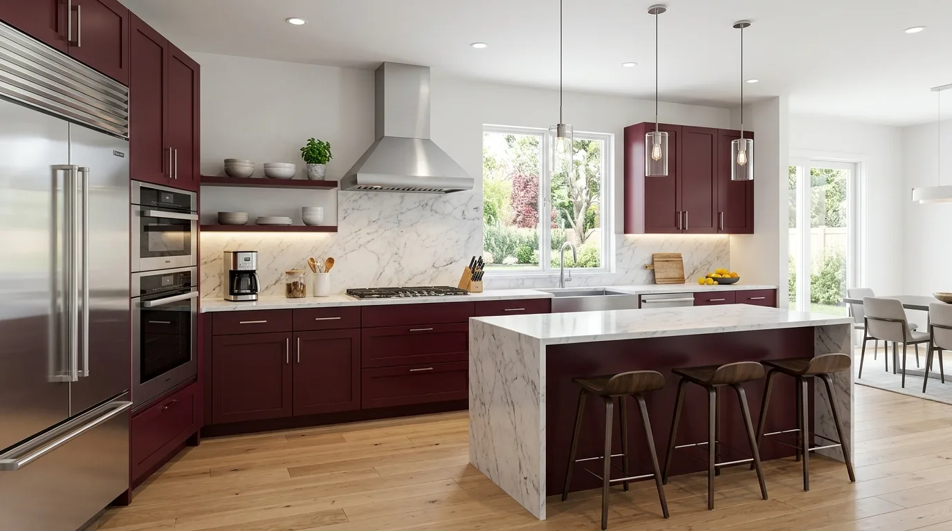 balance the palette with breathable contrast in a kitchen inspired by opulent burgundy wine country.
