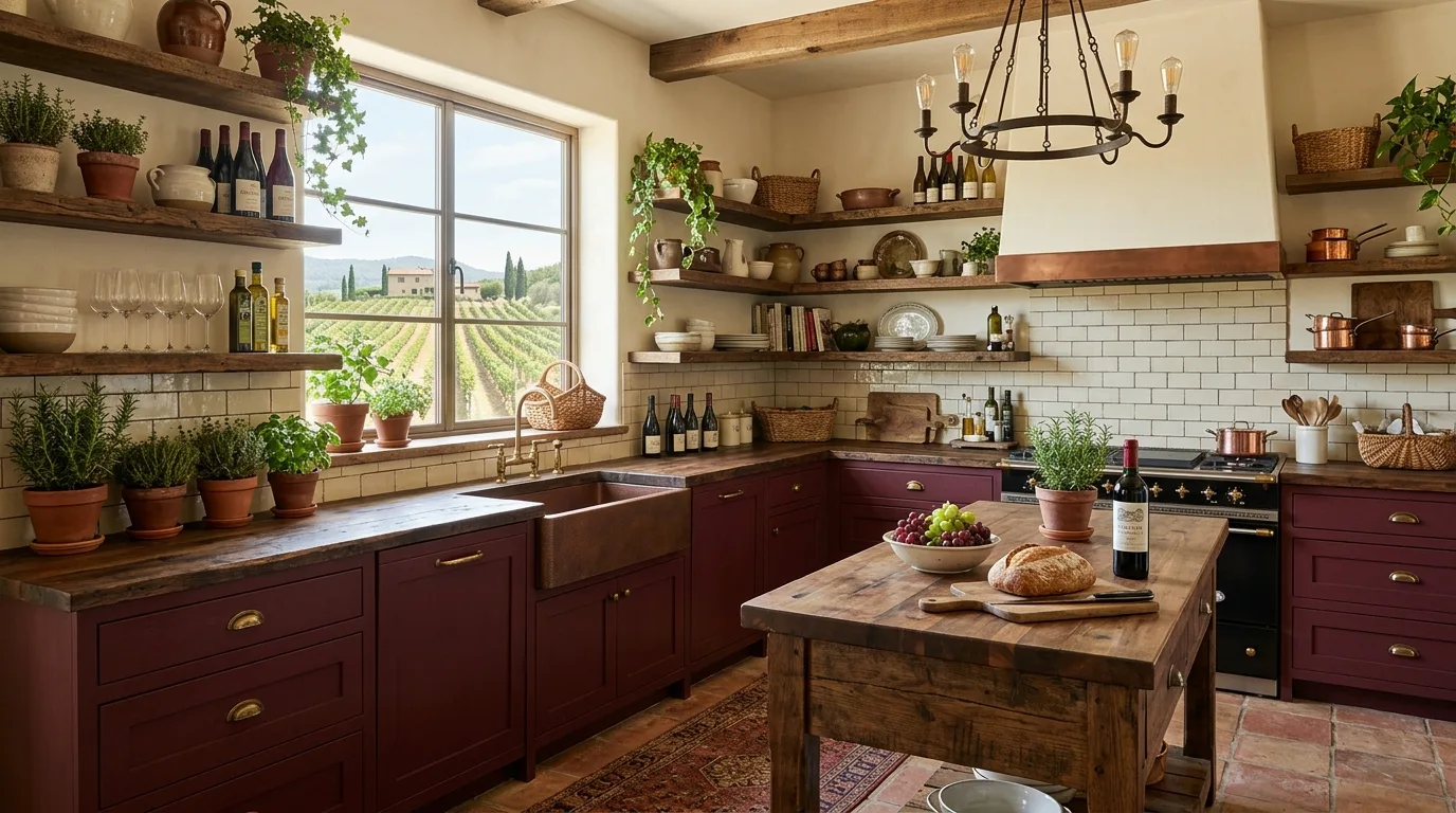 let the kitchen feel personal but edited in a kitchen inspired by opulent burgundy wine country.