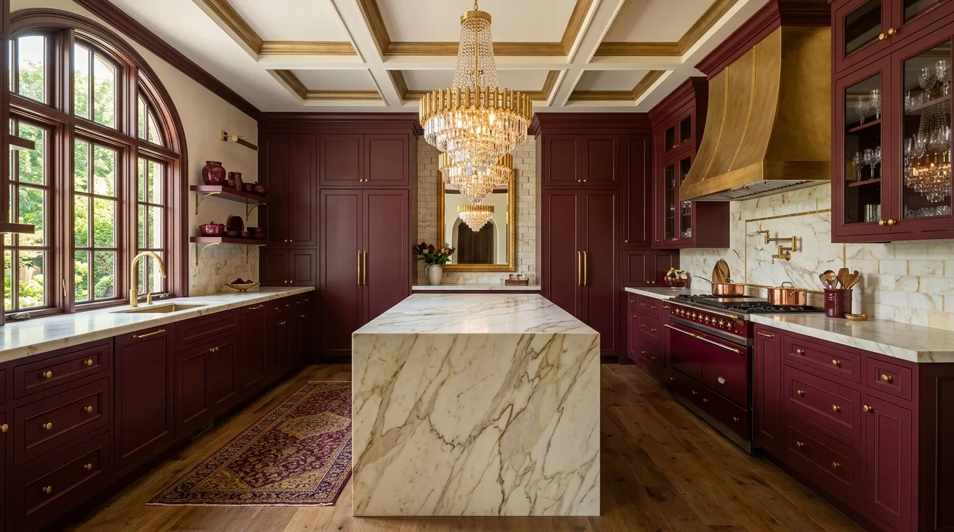 create a kitchen that feels complete in a kitchen inspired by opulent burgundy wine country.