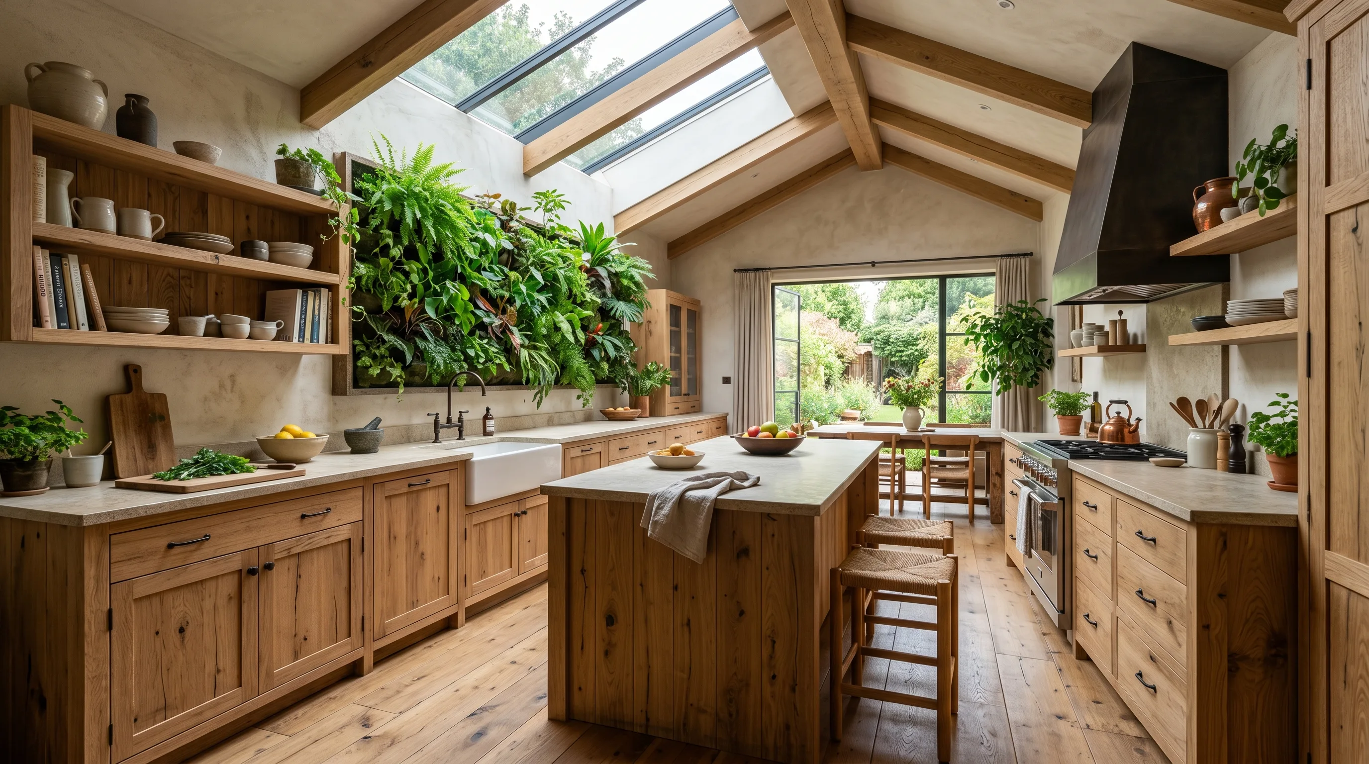 Organic natural wood kitchen cabinets in a warm biophilic home.