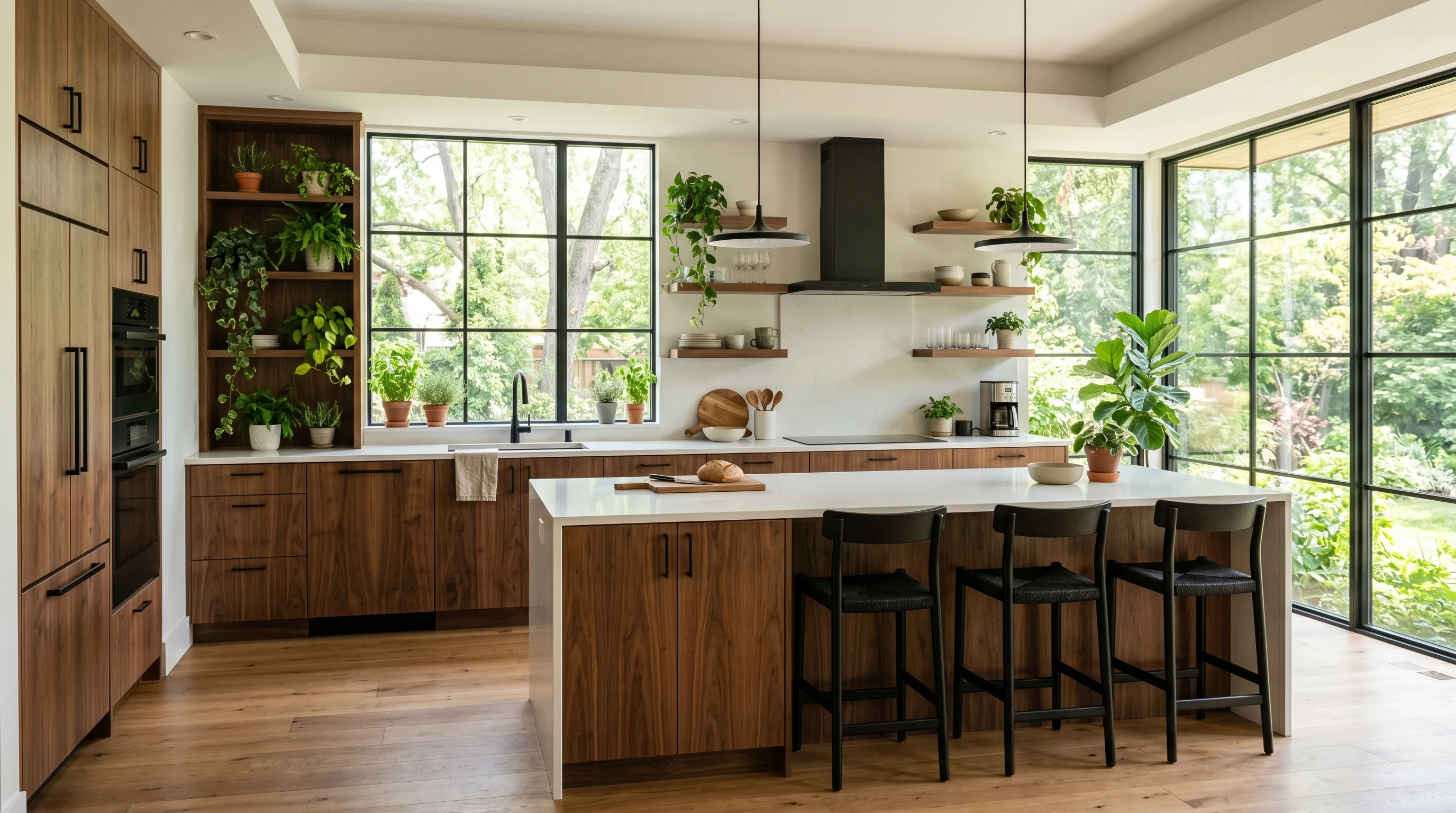 Natural wood cabinets paired with stone surfaces in an organic kitchen.