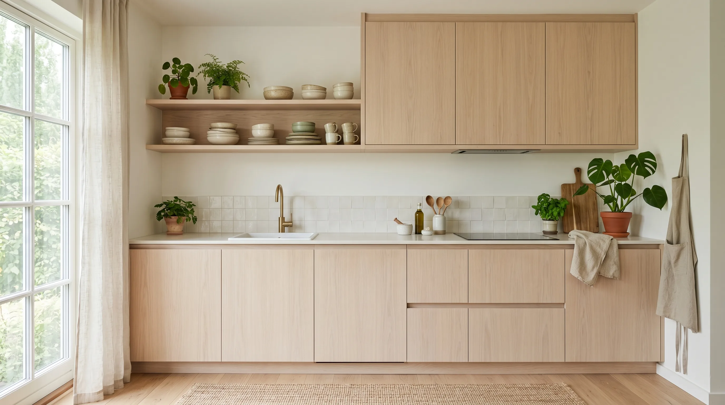 Greenery placed near natural wood cabinets in a biophilic kitchen.
