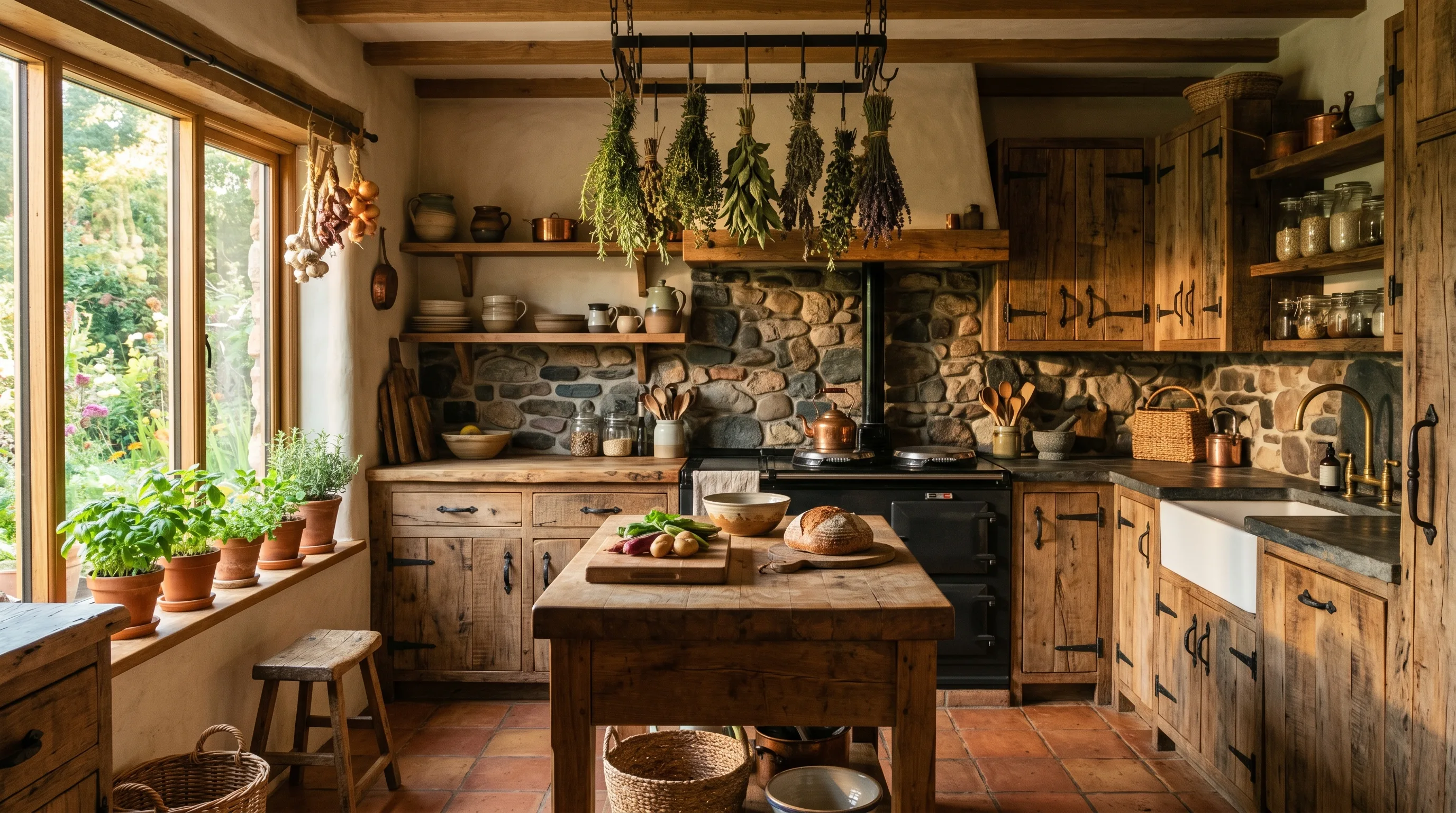 Soft earthy palette supporting organic natural wood cabinets.