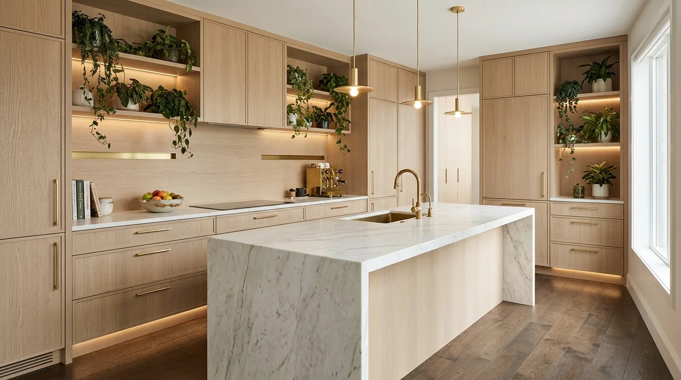 Open shelves adding breathing room to a natural wood kitchen.