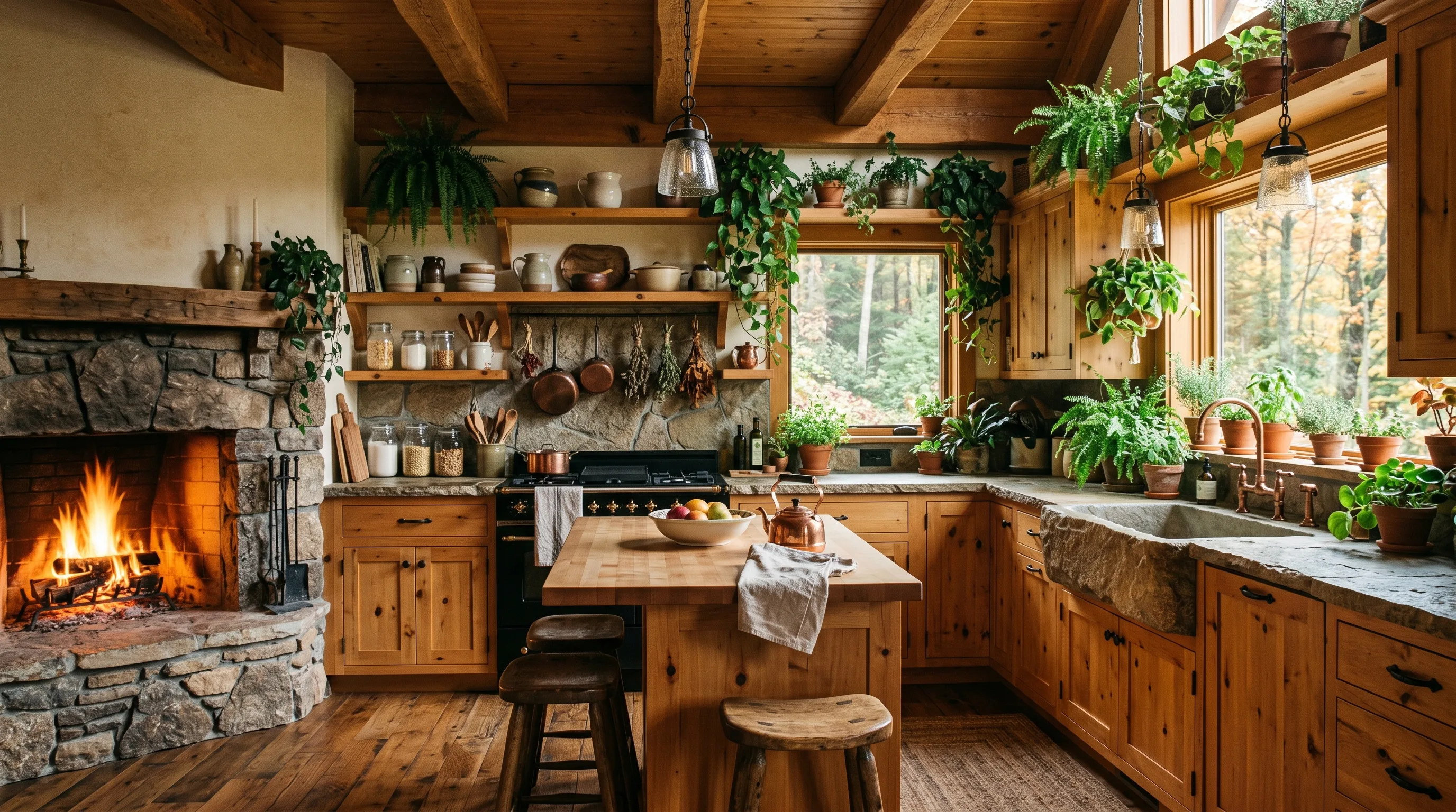 Soft warm lighting highlighting the grain of natural wood cabinets.