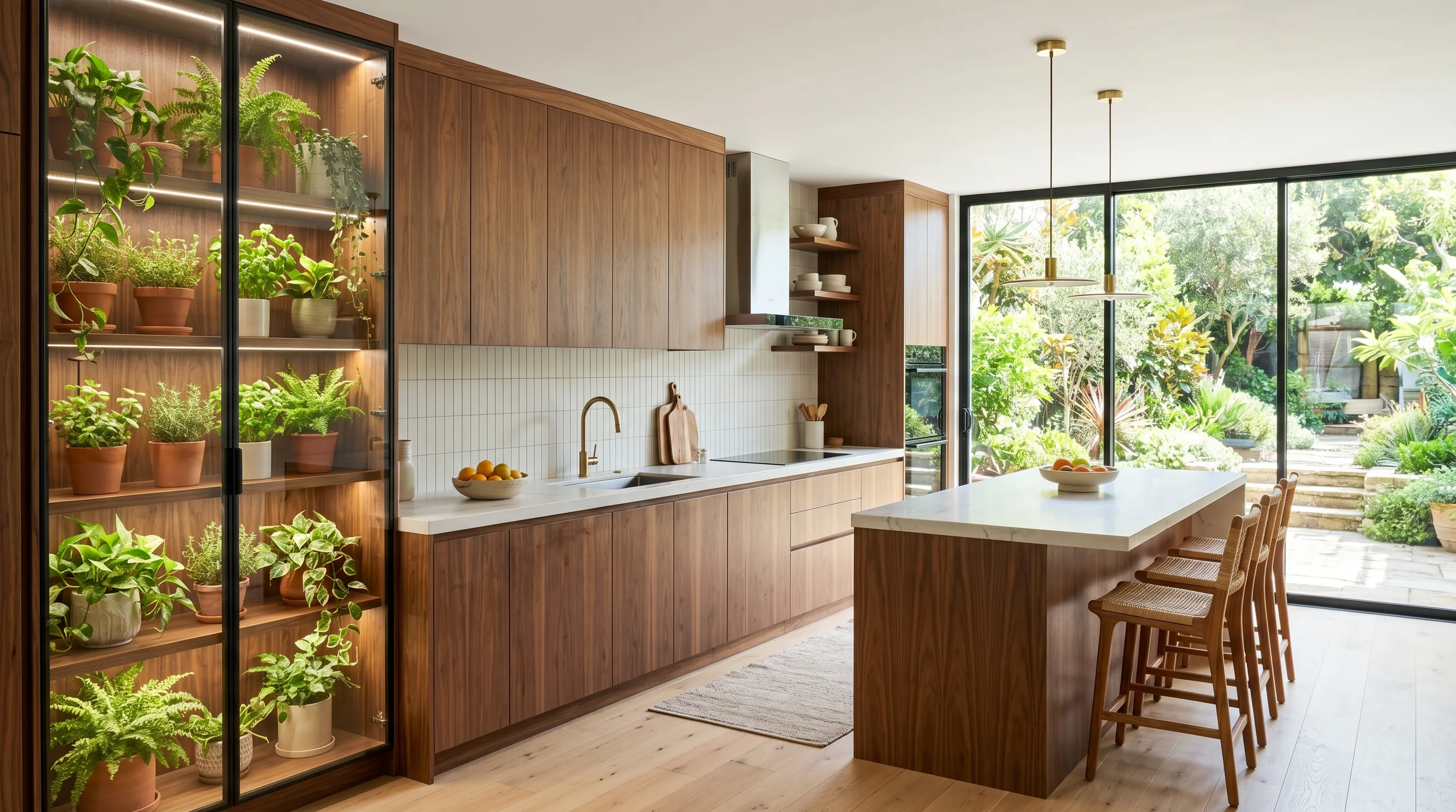 Textured tile behind natural wood cabinets in an organic kitchen.