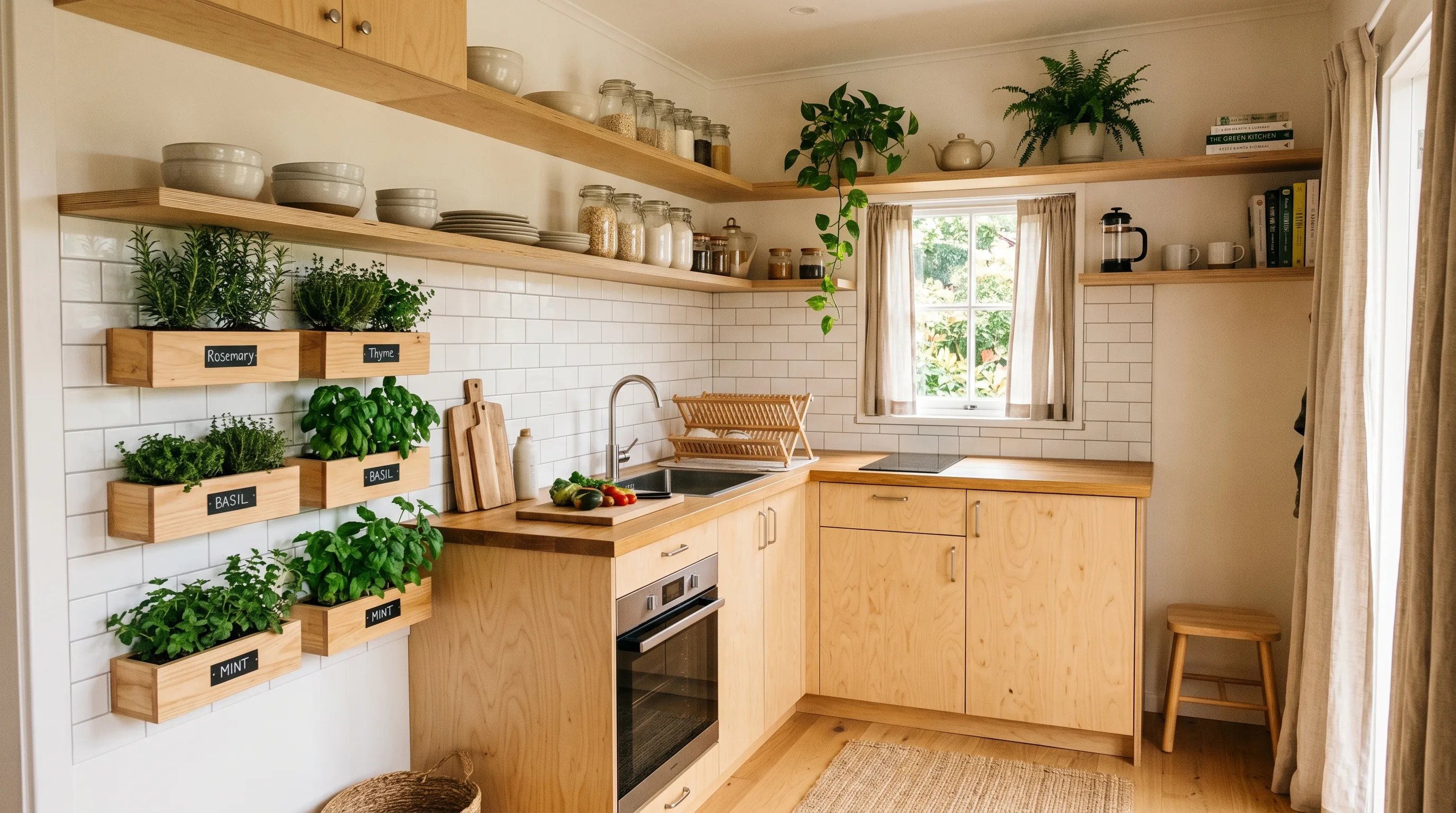 Off-white space balancing warm natural wood kitchen cabinets.