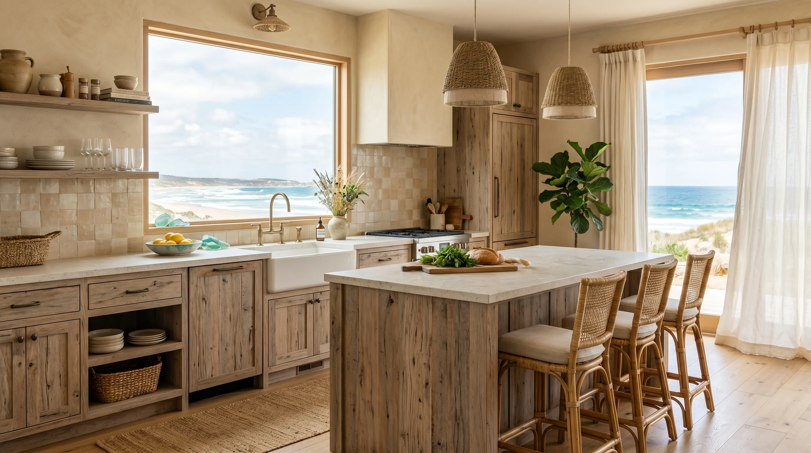 Rounded details softening a kitchen with natural wood cabinets.