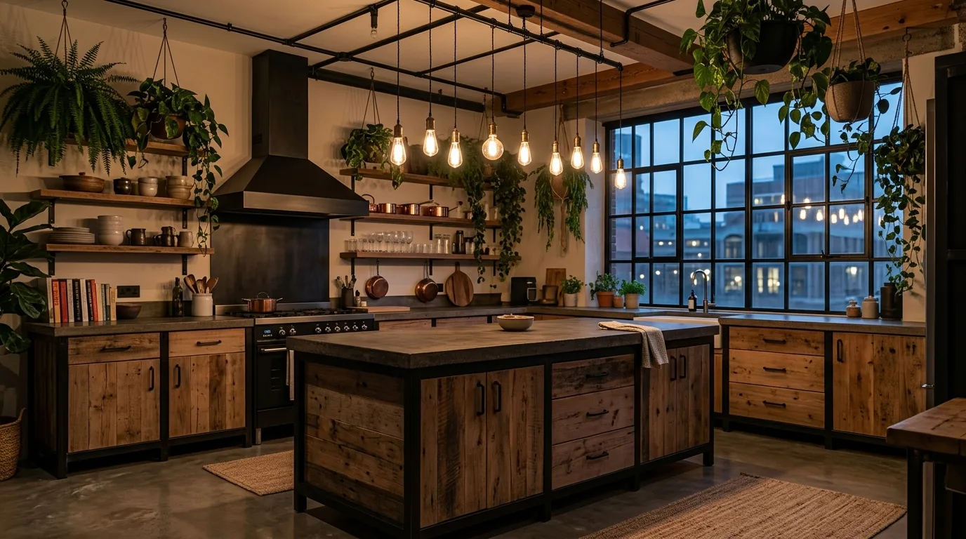 Minimal natural decor in a biophilic kitchen with wood cabinets.