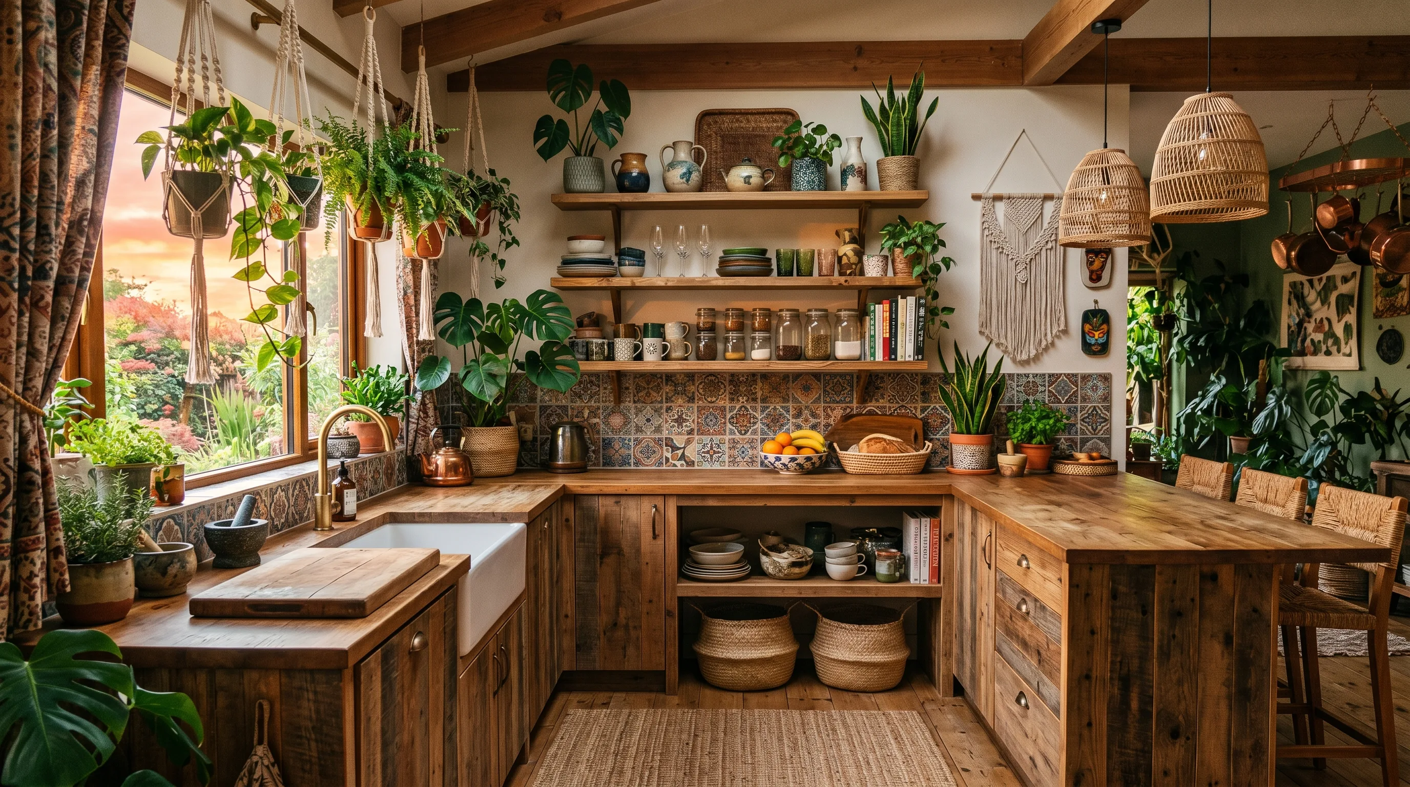 Daylight brightening a biophilic kitchen with natural wood cabinets.
