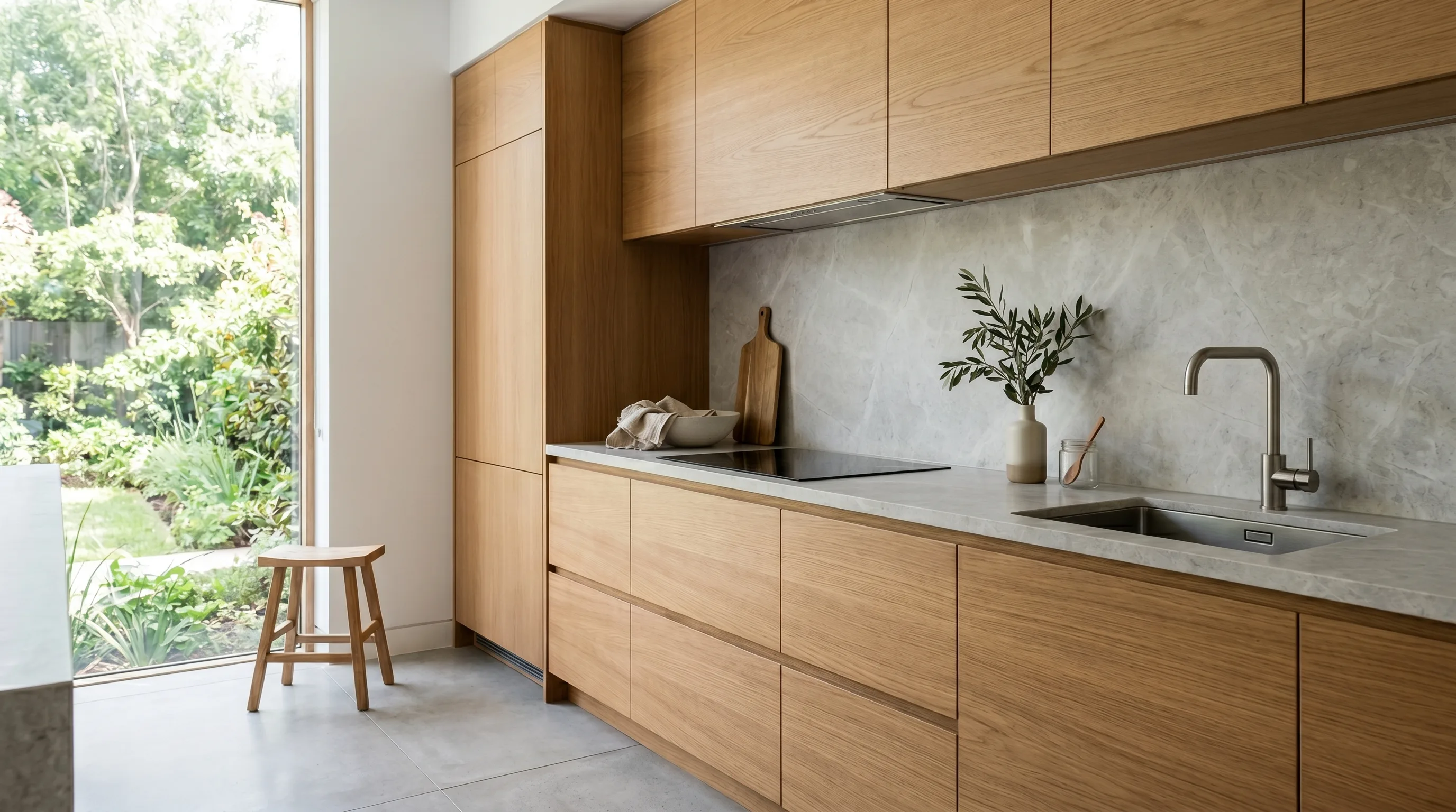 Linen and woven touches paired with natural wood kitchen cabinets.