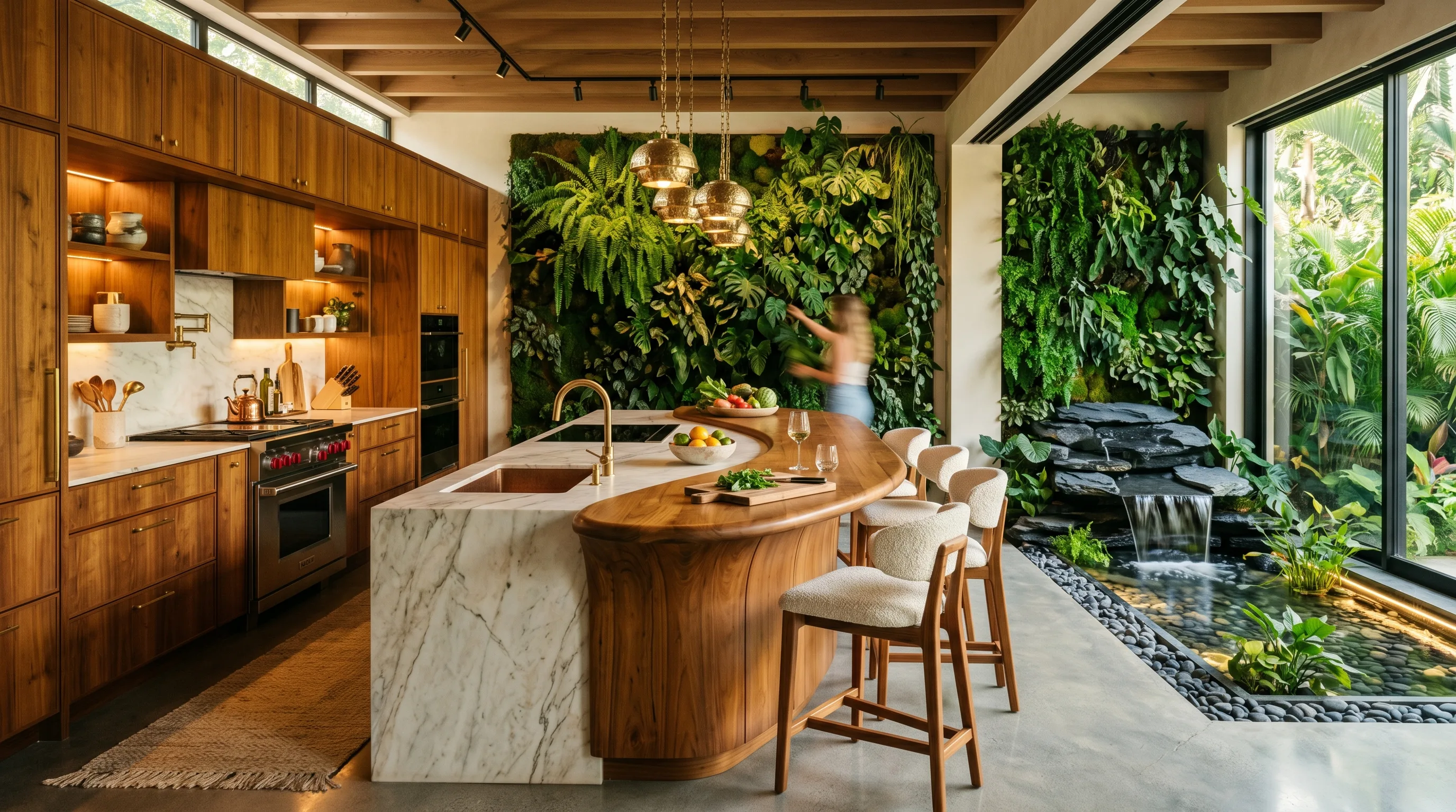 Simple quiet cabinet lines supporting natural wood in a biophilic kitchen.