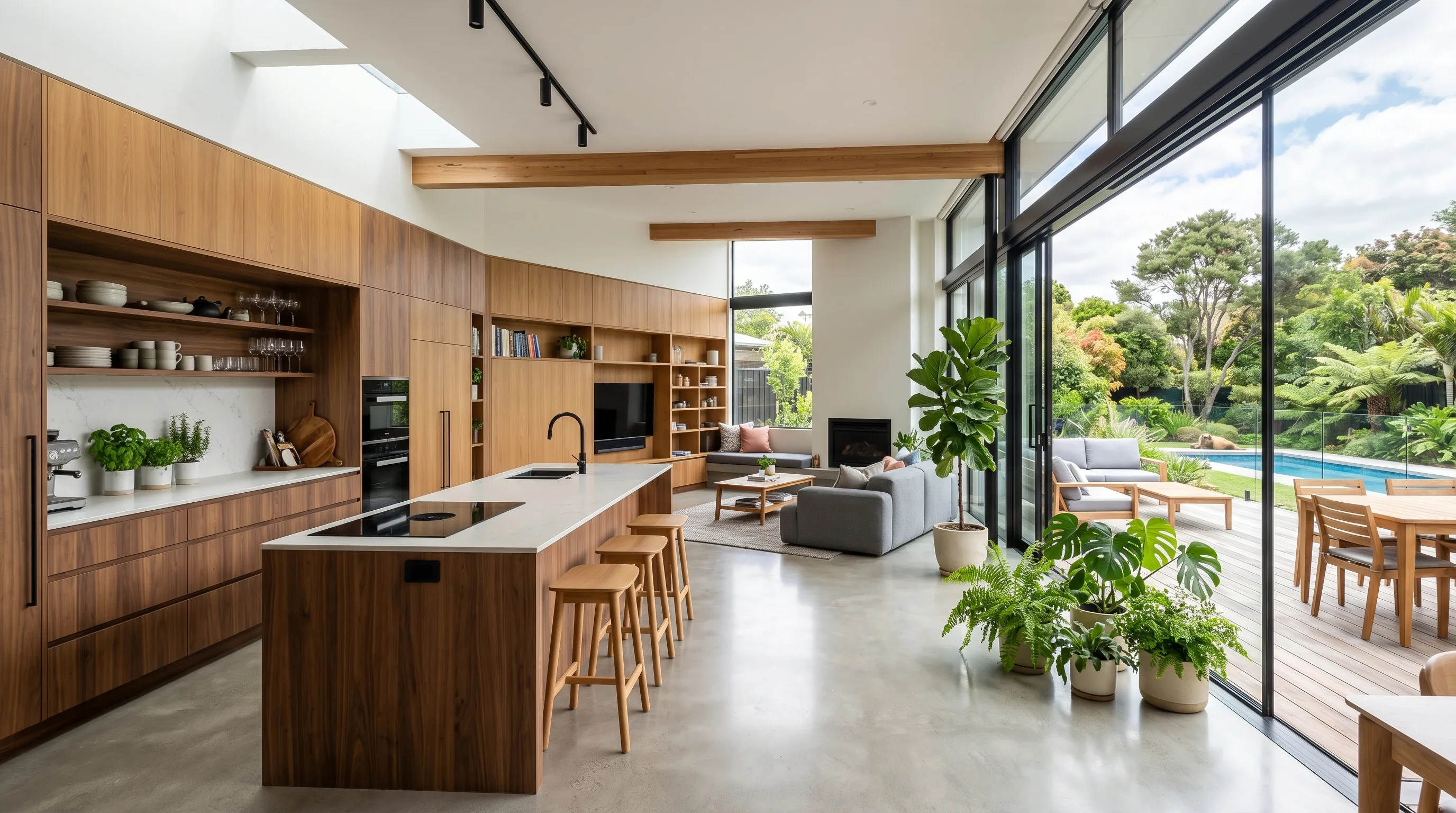 Biophilic kitchen with natural wood cabinets feeling restorative and grounded.