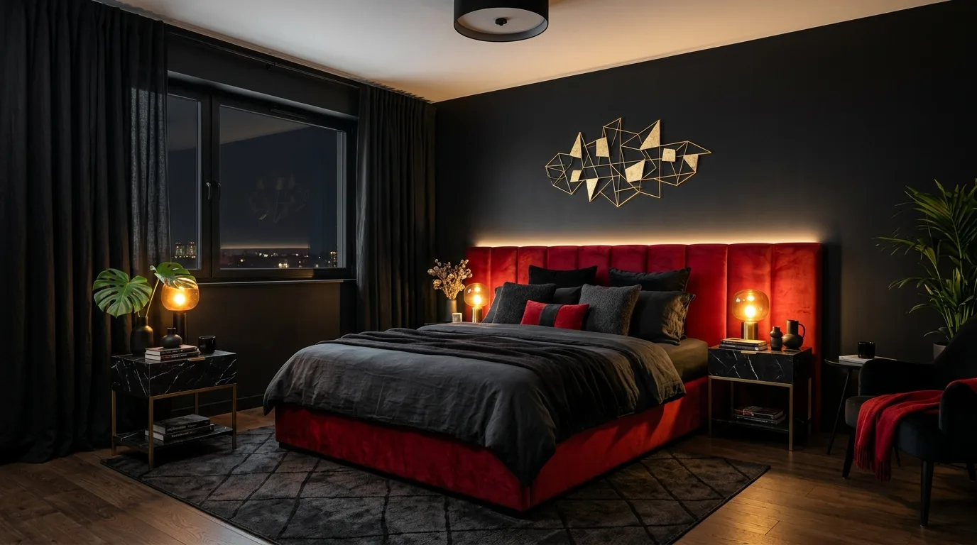 Passionate red and black bedroom with dramatic high-energy styling.