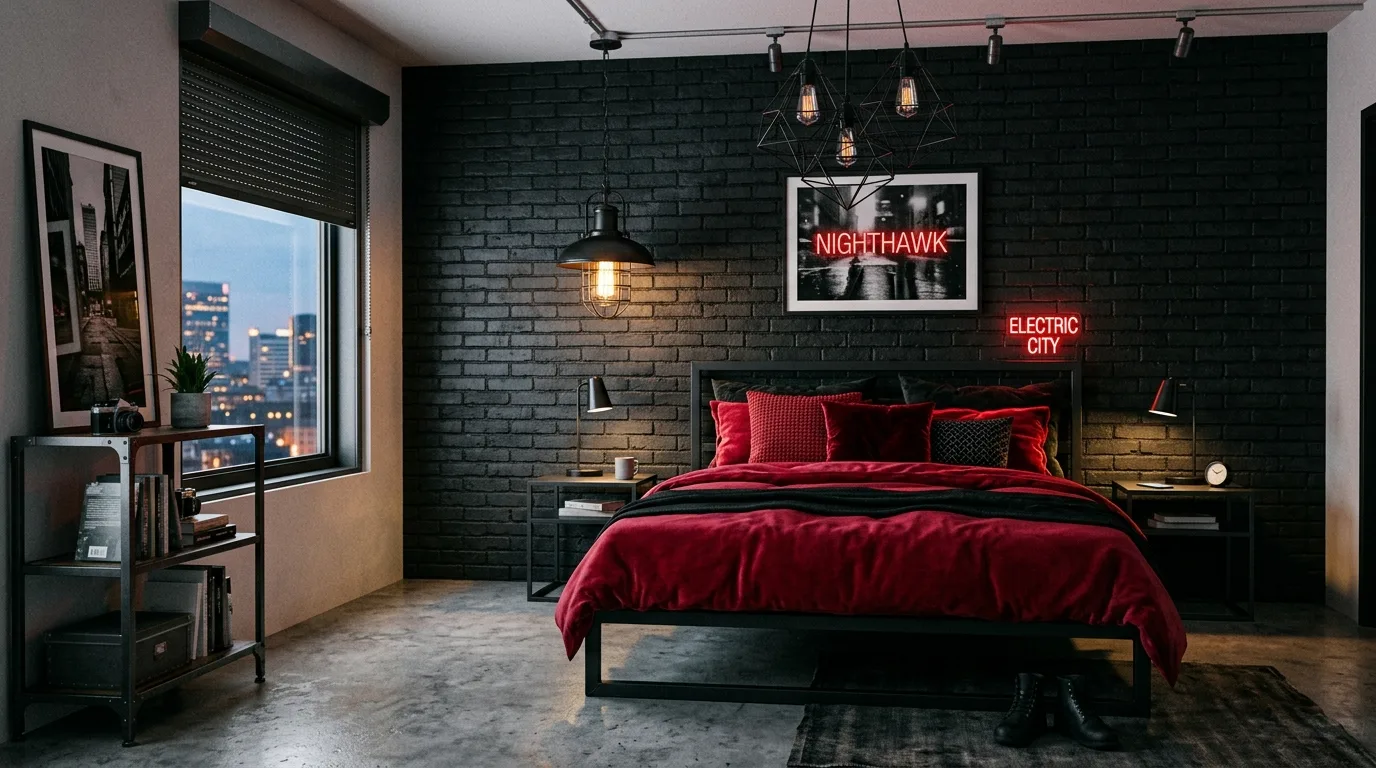 Black bed frame with crimson layers in a passionate dramatic bedroom.