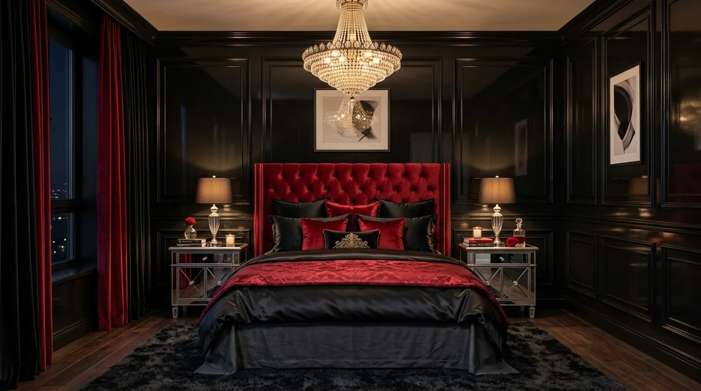 Red accent wall with black furniture in a bold energetic bedroom.