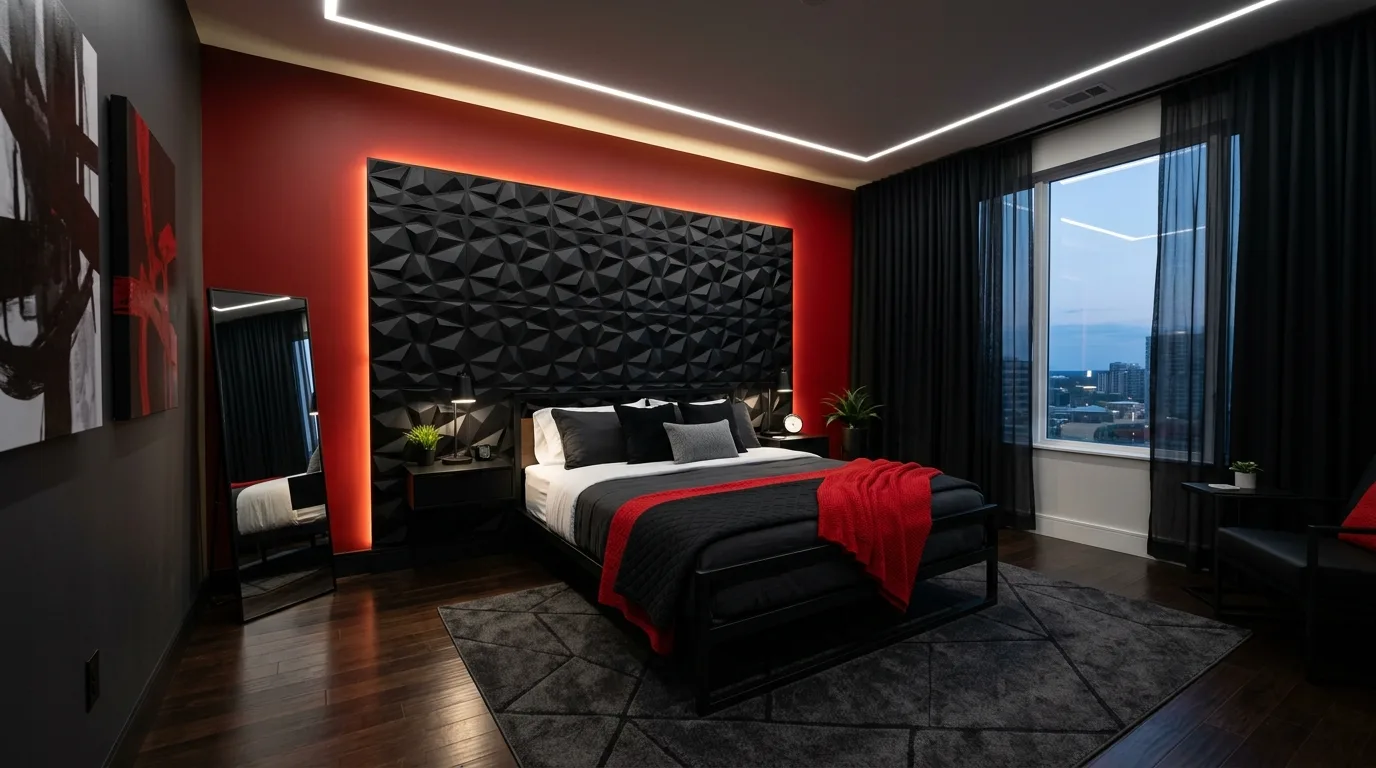 Black and red bedroom with warm metallic notes and dramatic style.