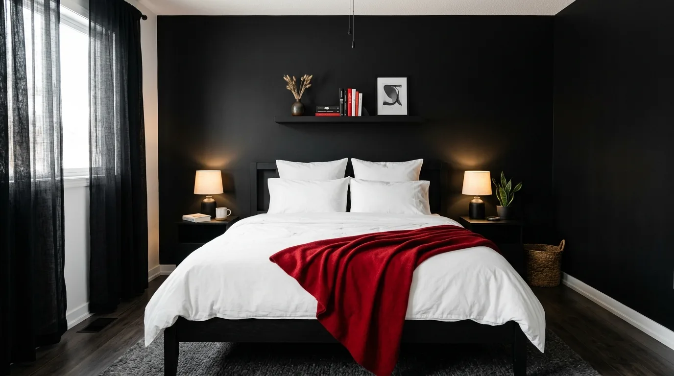 Red and black bedroom with crisp white relief and balanced contrast.