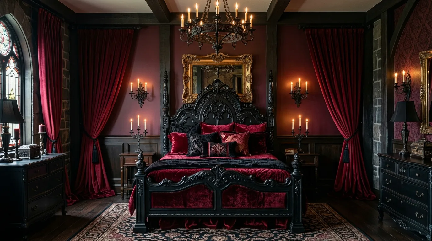 Red headboard in a black bedroom with passionate dramatic style.