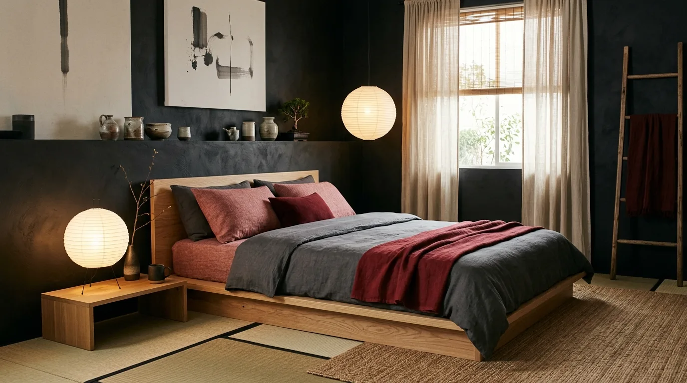 Black walls and deep ruby accents in a rich energetic bedroom.