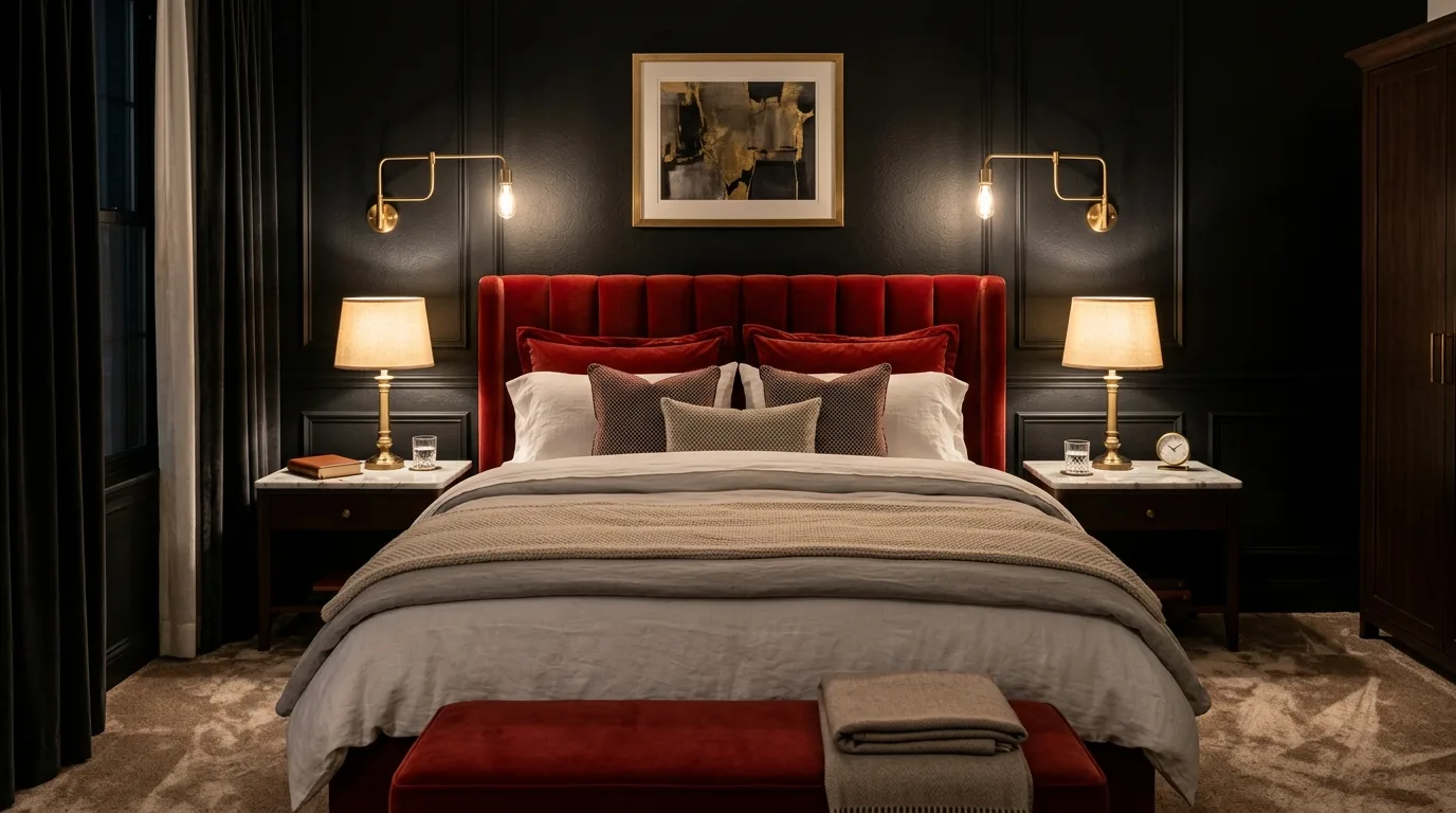 Red art in a mostly black room with bold focused energy.