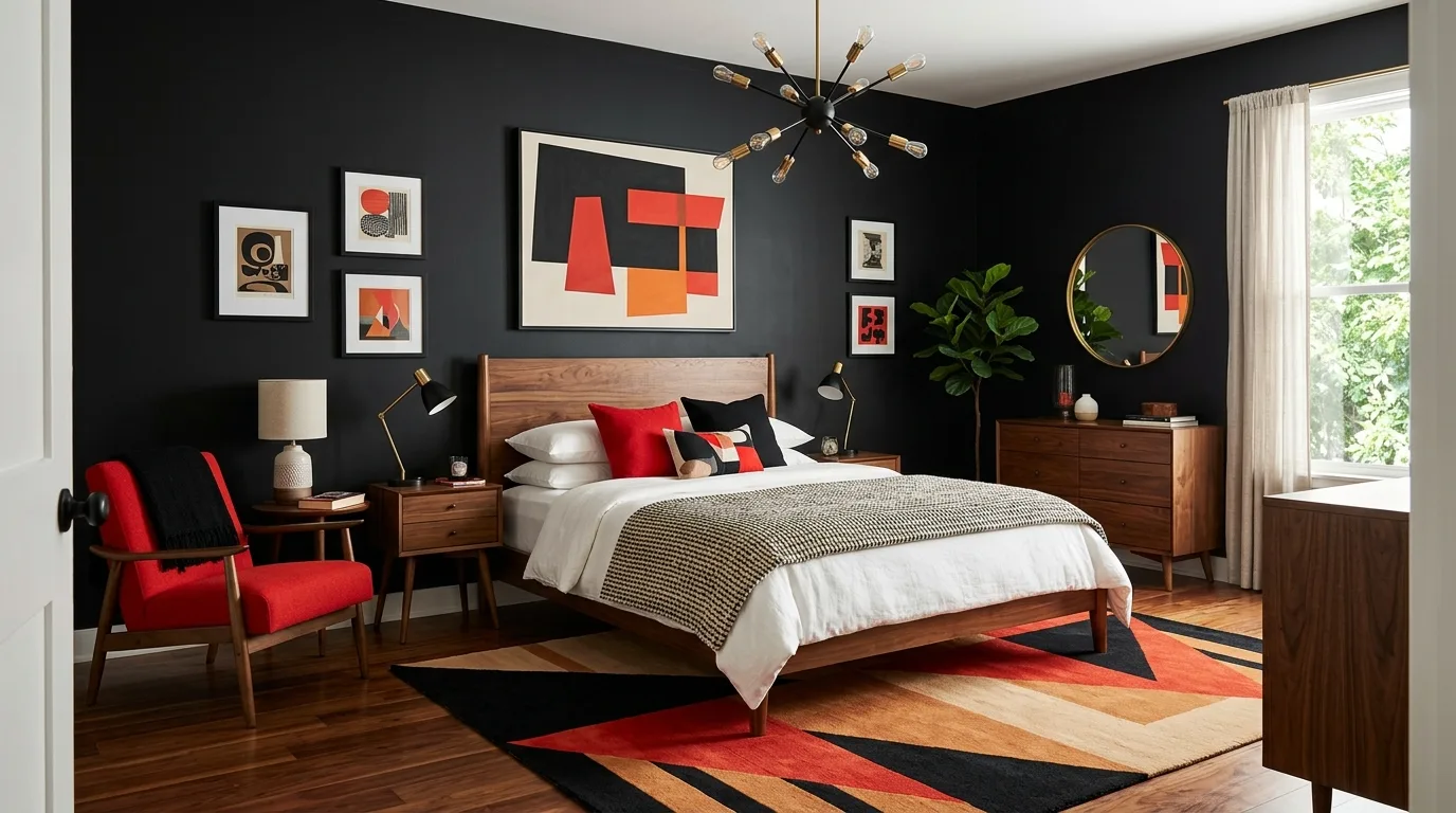 Black and red bedroom with strong geometric lines and modern drama.