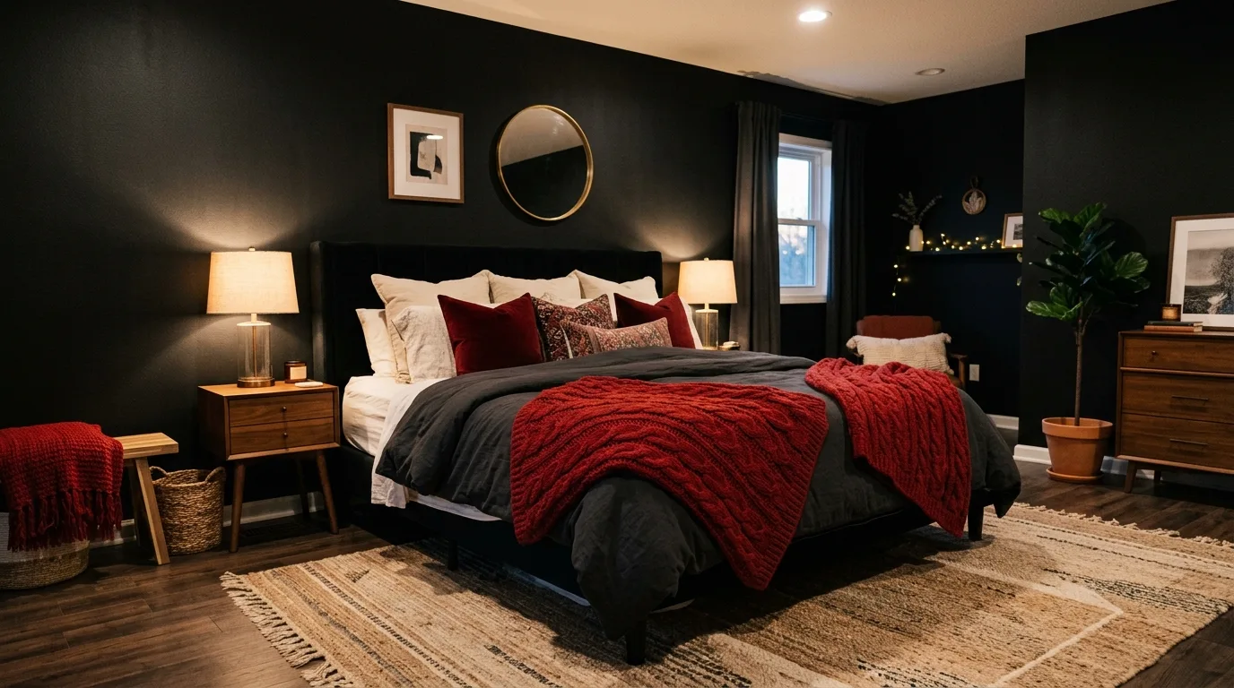 High-energy red and black room with soft layered texture and warmth.