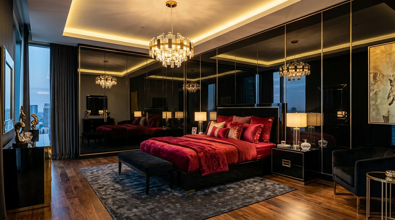 Red drapes framing a black bed in a bold dramatic bedroom.