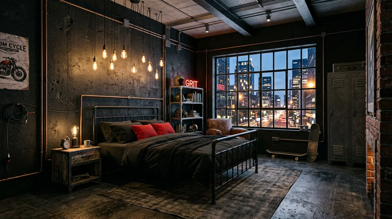 Red and black bedroom with moody evening light and rich dramatic warmth.