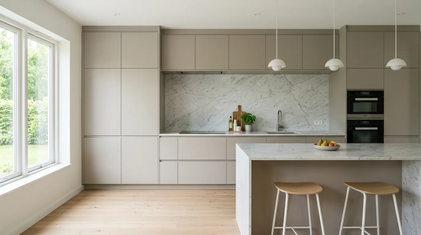 Greige cabinets used as a soft neutral kitchen base.