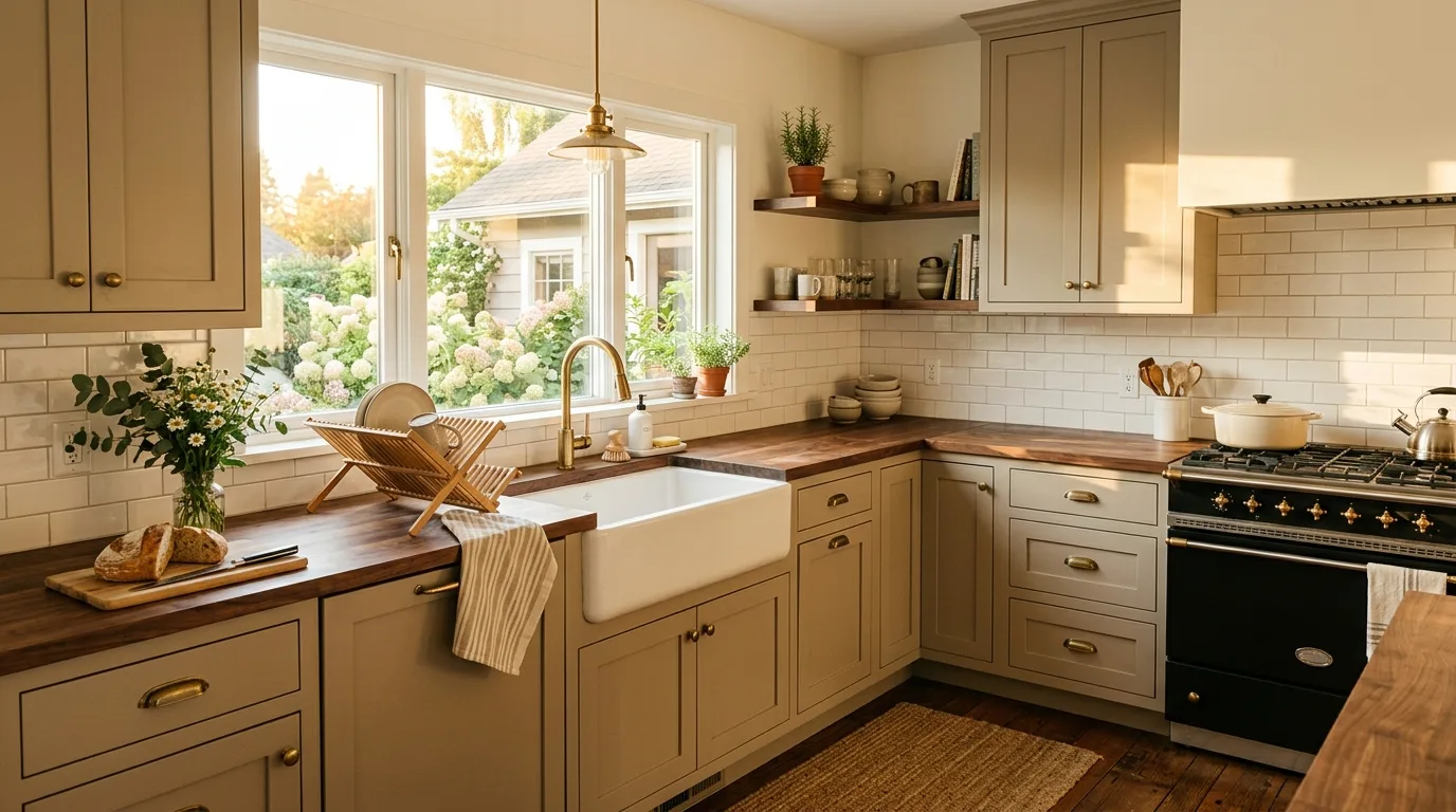 Warm white walls paired with greige kitchen cabinets.
