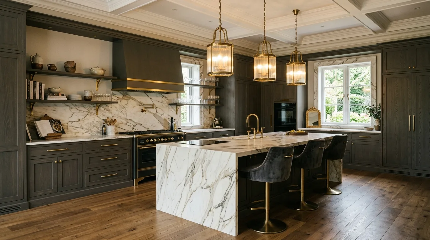 Stone and marble adding quiet contrast to greige cabinets.