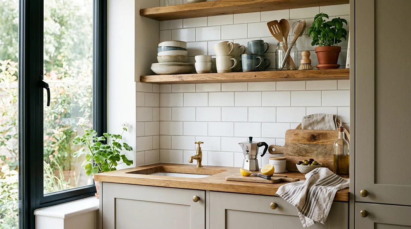 Layered lighting showing nuance in greige kitchen cabinets.