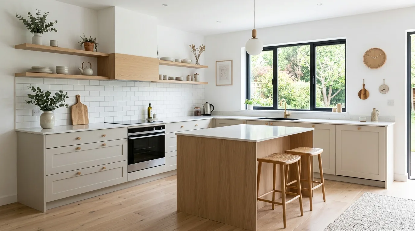 Soft cohesive palette around perfect greige kitchen cabinets.
