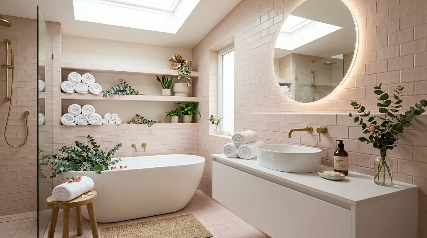 start with the main color or material story in a bathroom inspired by pink aesthetic feel like.
