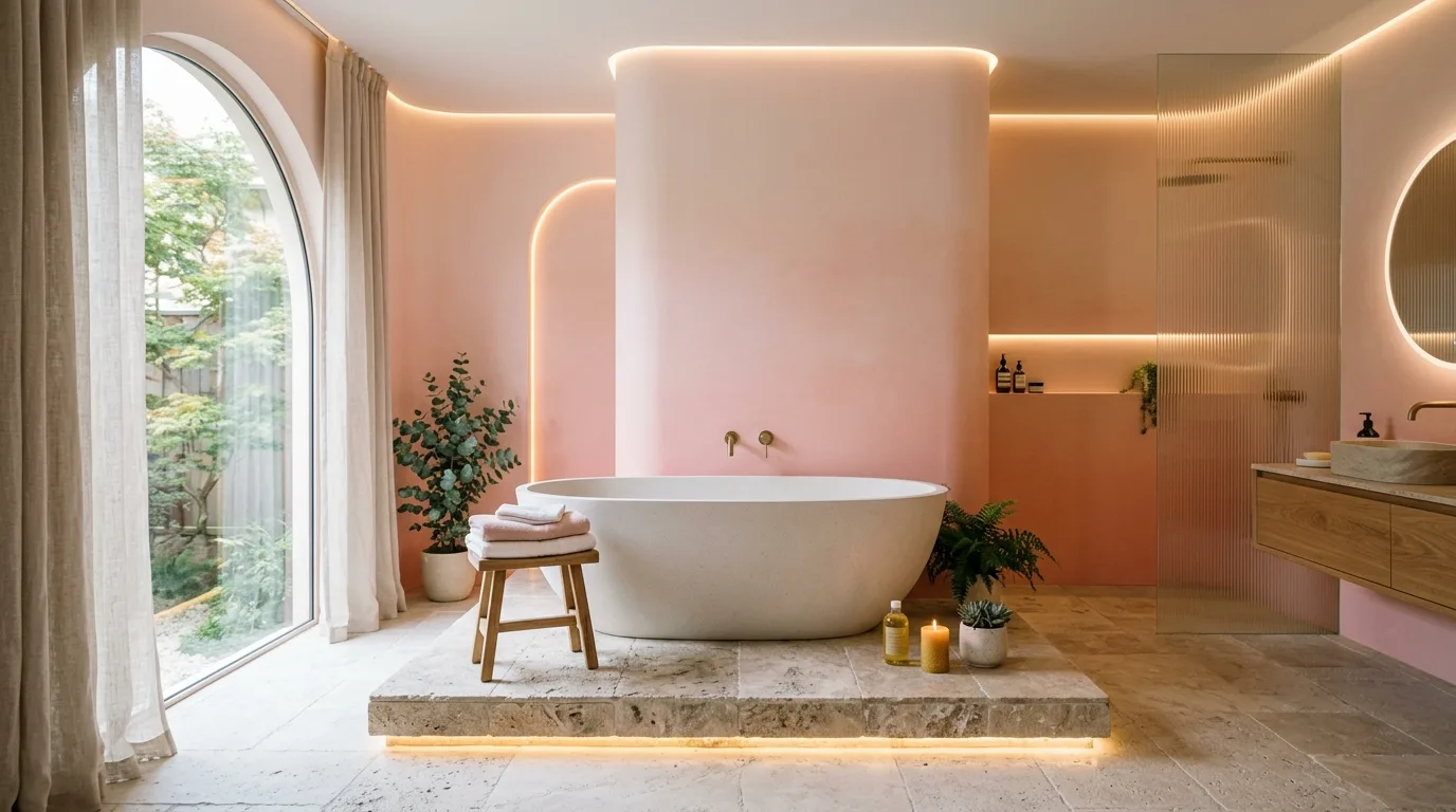add texture for more depth in a bathroom inspired by pink aesthetic feel like.