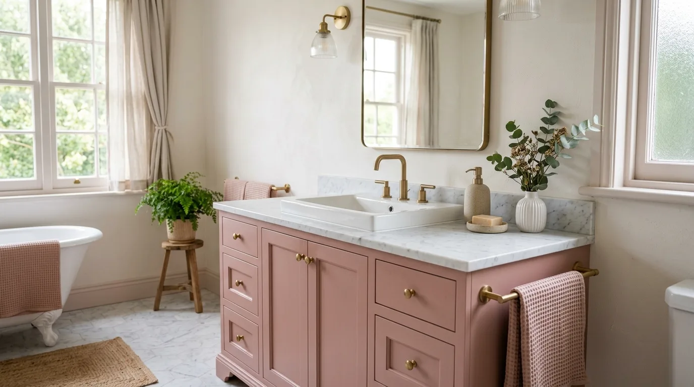 keep fixtures and lines thoughtful in a bathroom inspired by pink aesthetic feel like.
