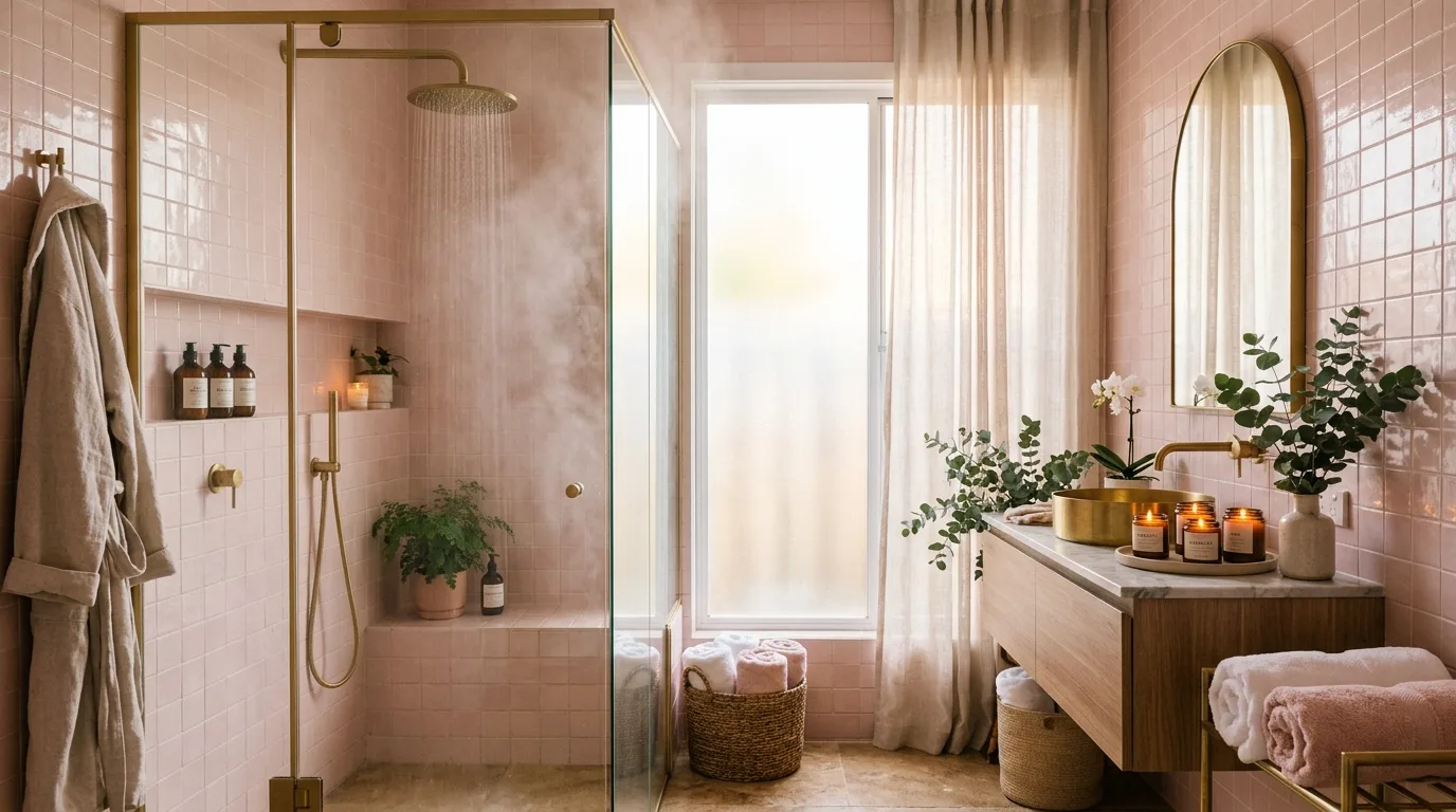 balance boldness with breathing room in a bathroom inspired by pink aesthetic feel like.