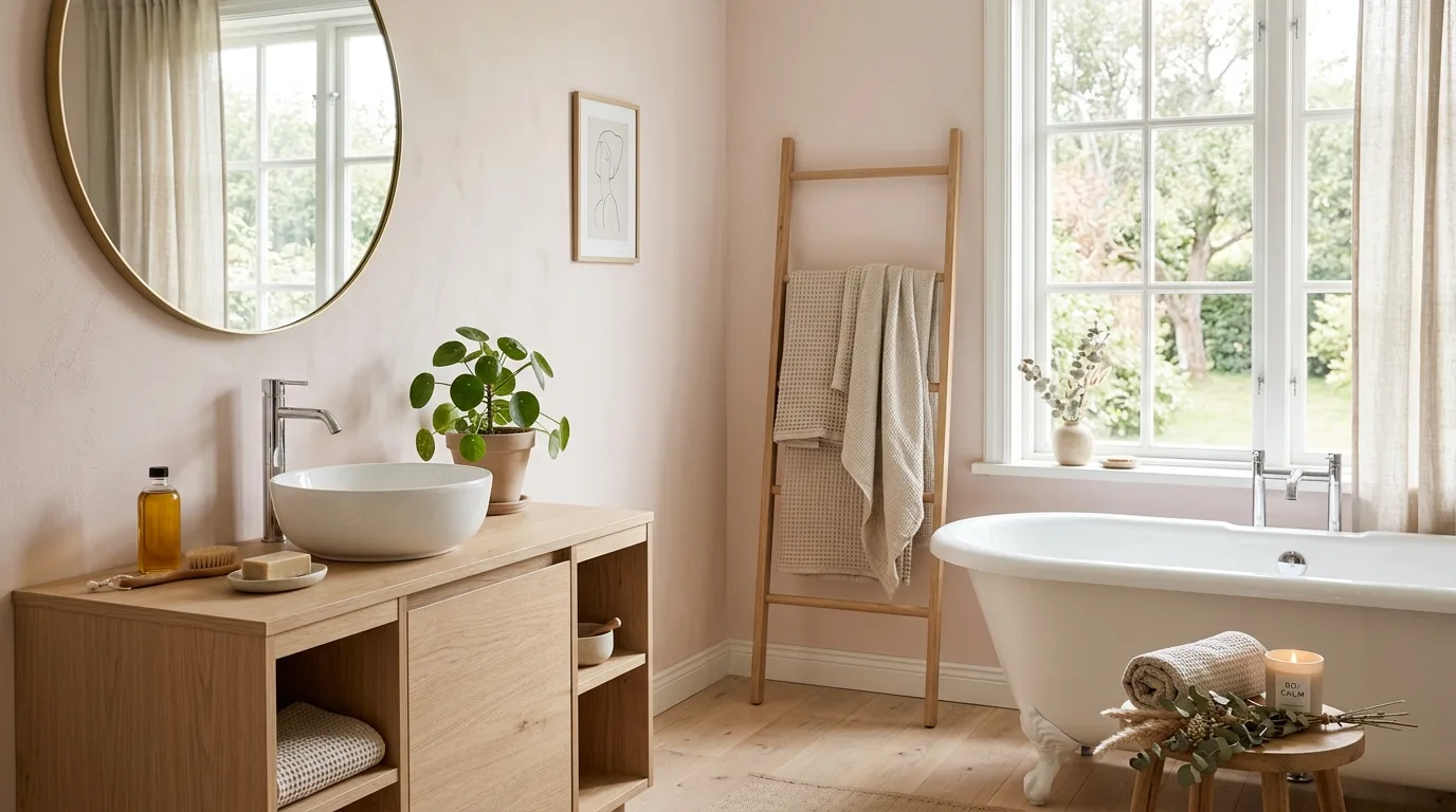 use decor that reinforces the look in a bathroom inspired by pink aesthetic feel like.